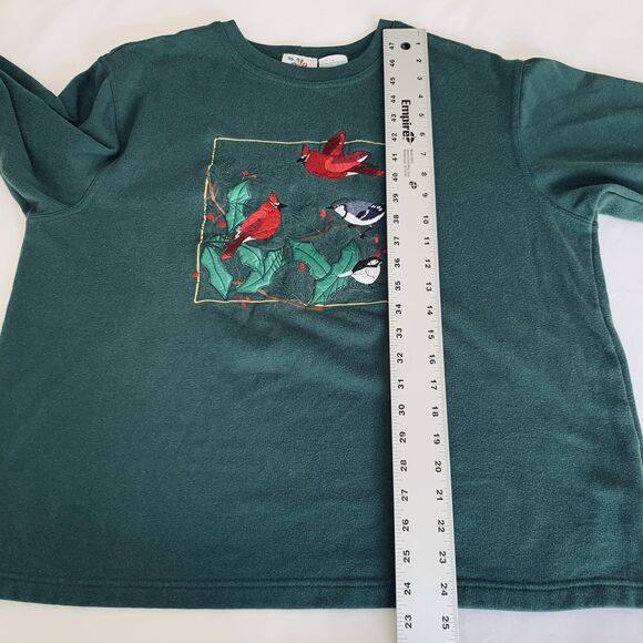 VTG Nature Birds Sweatshirt  XL* Forest Green Embroidered Cardinals Christmas - Picture 7 of 8